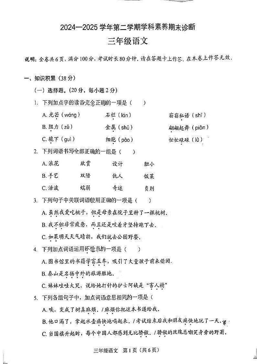 广东省深圳市龙岗区2024-2025学年第二学期三年级语文期末试卷（无答案）第1页