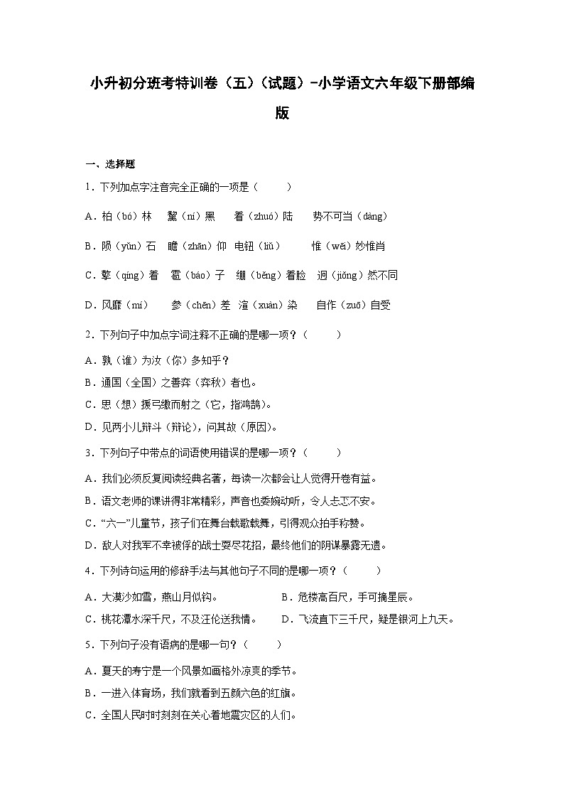 2025部编版语文六年级下册小升初特训试题（五）（附答案）第1页