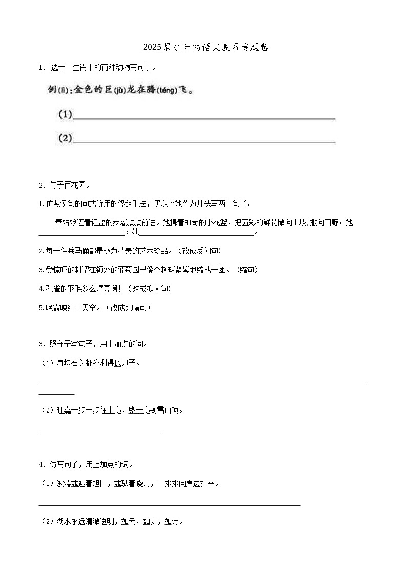2025届六年级小升初语文专题复习-16句法仿写句子（14P）（练习附答案解析）第1页