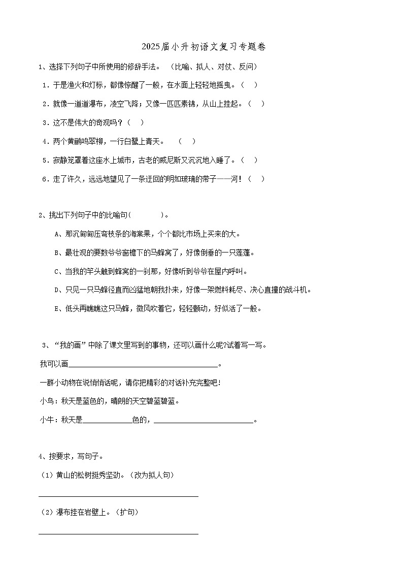 2025届六年级小升初语文专题复习-21句法句式-修辞02（18P）（练习附答案解析）第1页