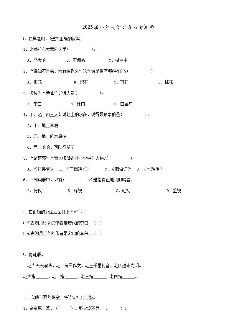 2025届六年级小升初语文专题复习-30积累运用02（15P）（练习附答案解析）第1页