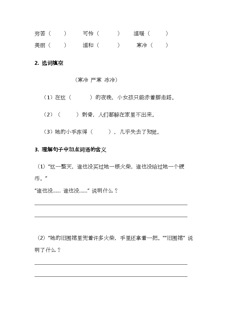 11、《卖火柴的小女孩》同步练习题第2页