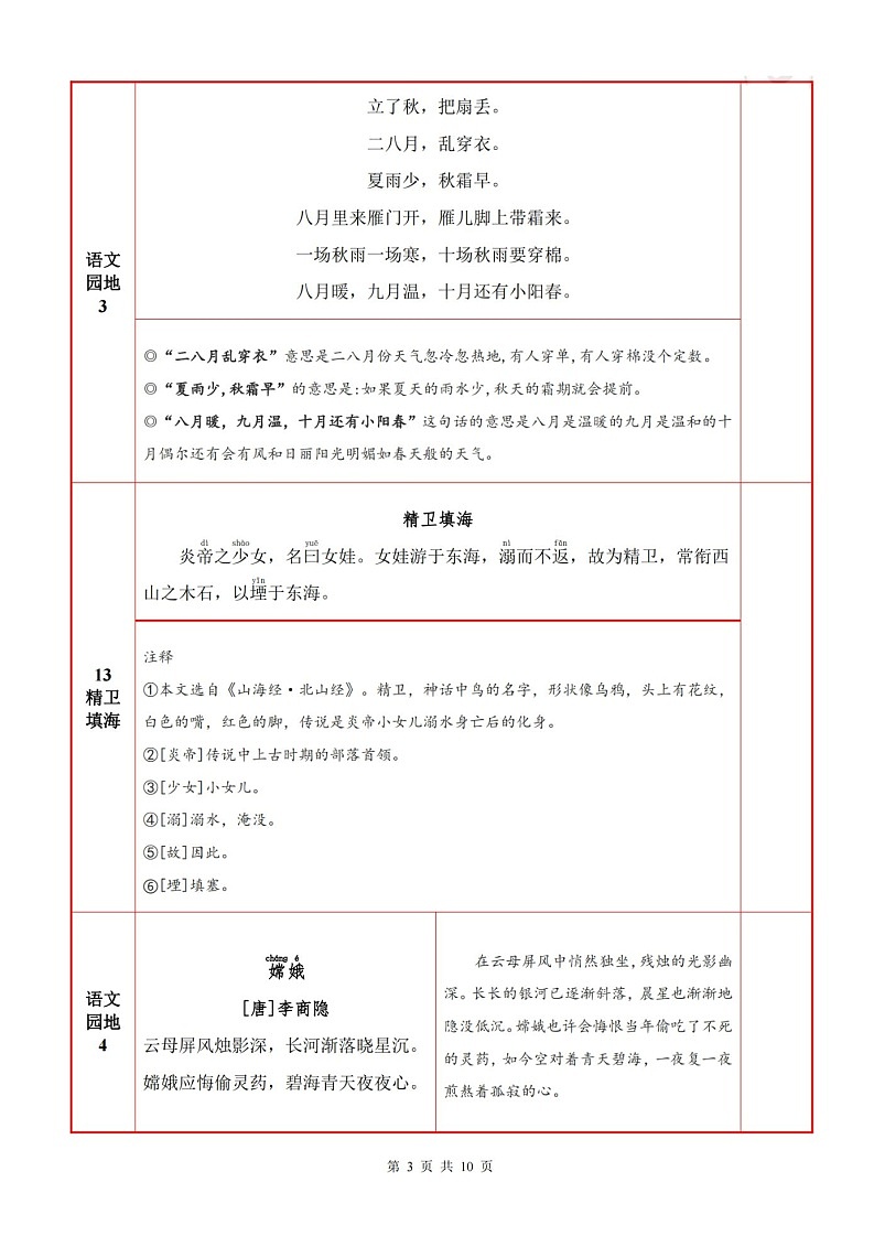 四年级上学期语文必背内容+默写表练习第3页