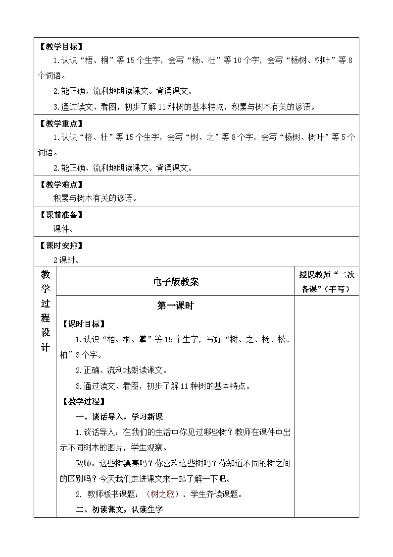 2025年统编版二年级语文上册 识字2树之歌 教案第2页