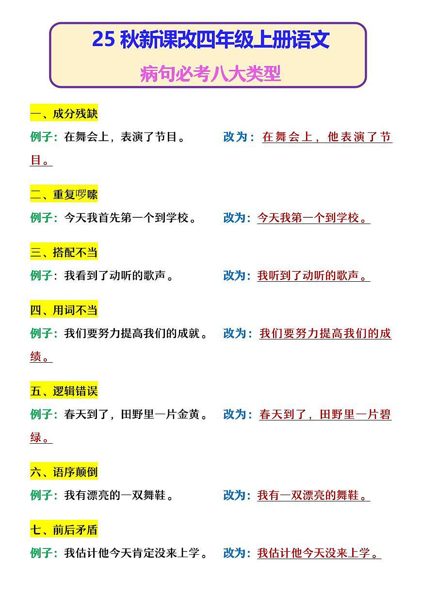 【2025秋新版】四年级上册语文 期末专项练习病句必考八大类型第1页