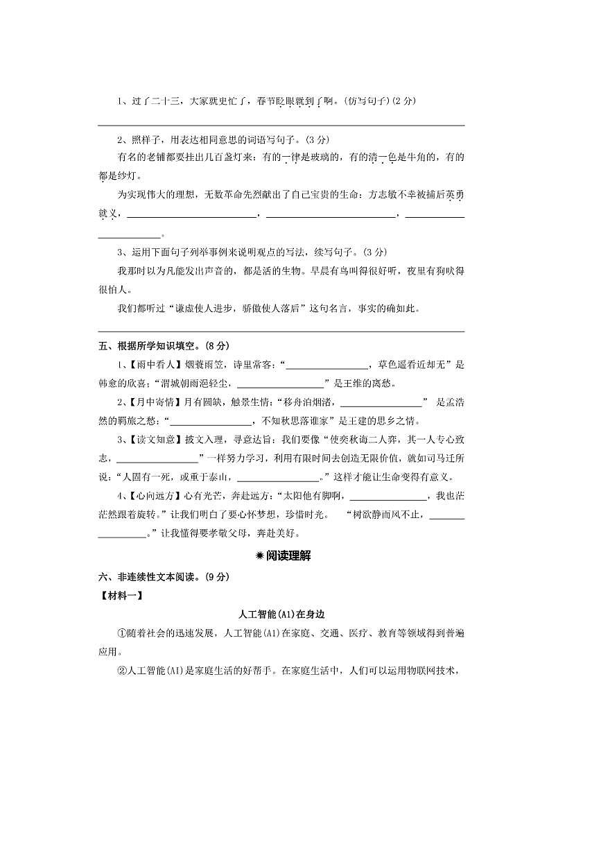 2024～2025年【小升初分班测试卷三十九】～小升初语文分班测试卷(含答案)第3页