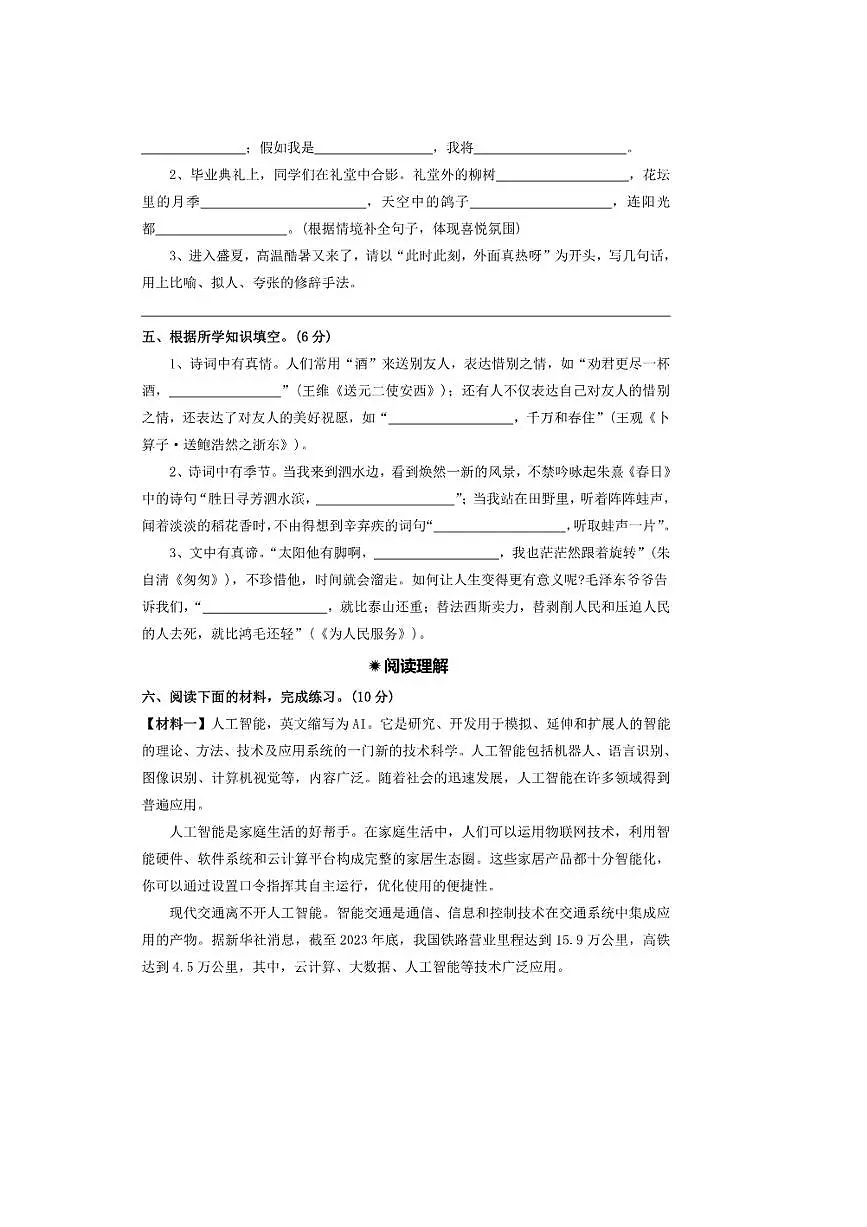 2024～2025年【小升初分班测试卷三十八】～小升初语文分班测试卷(含答案)第3页