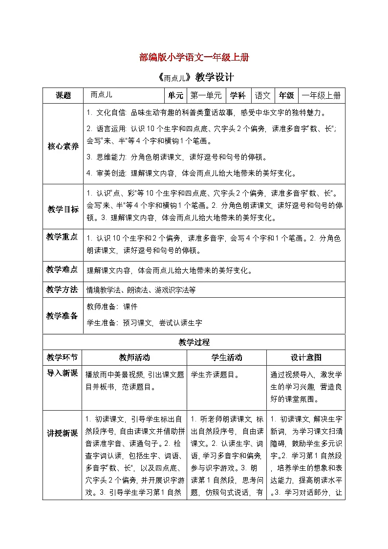 部编版小学语文一年级上册 10《雨点儿》 教案第1页