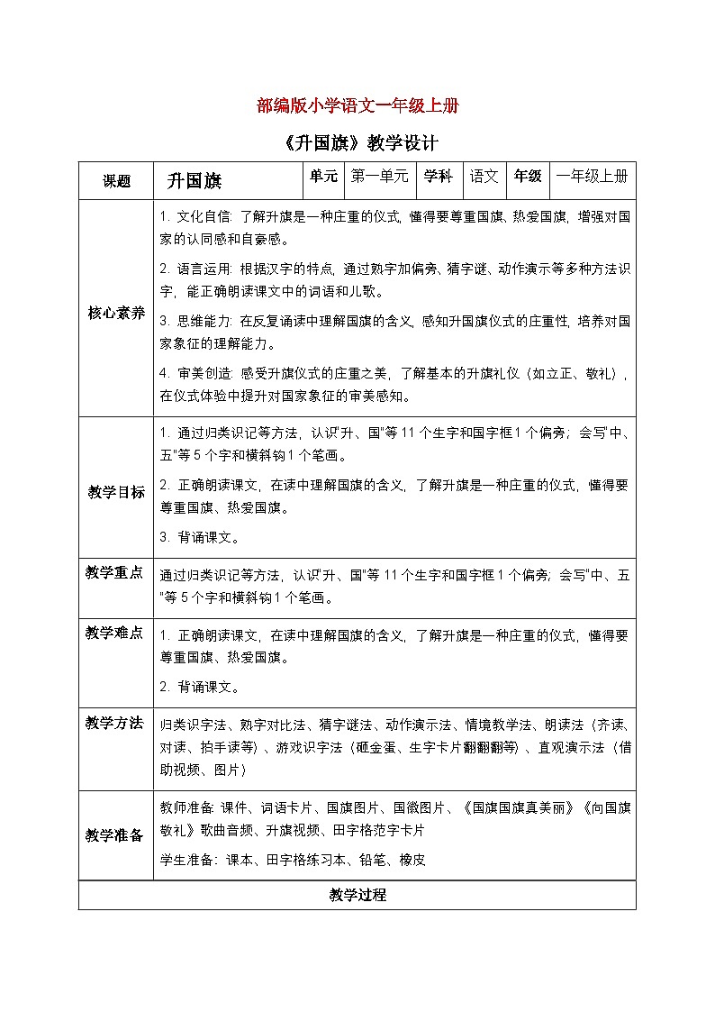 部编版小学语文一年级上册 《升国旗》 教案第1页