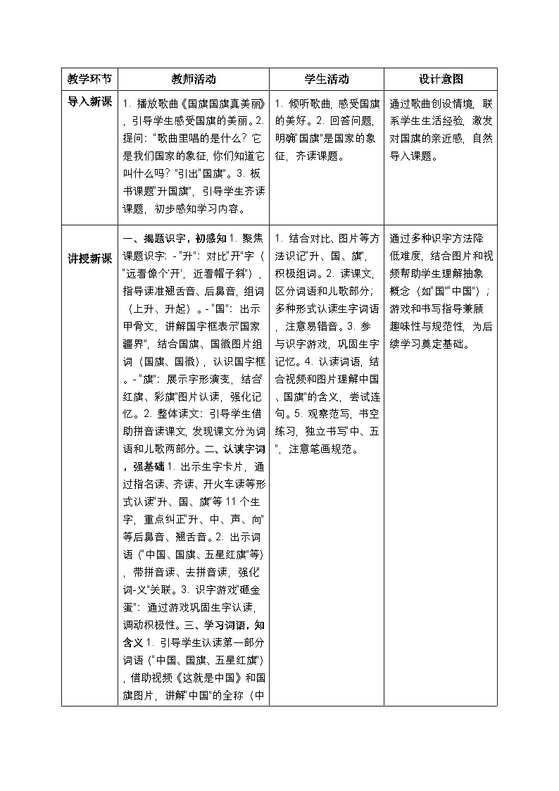 部编版小学语文一年级上册 《升国旗》 教案第2页