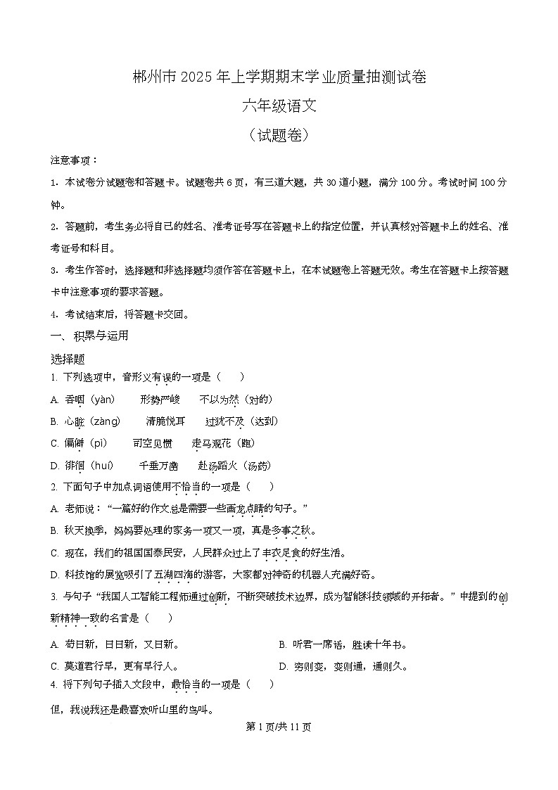 2024-2025学年湖南省郴州市统编版六年级下册期末考试语文试卷第1页
