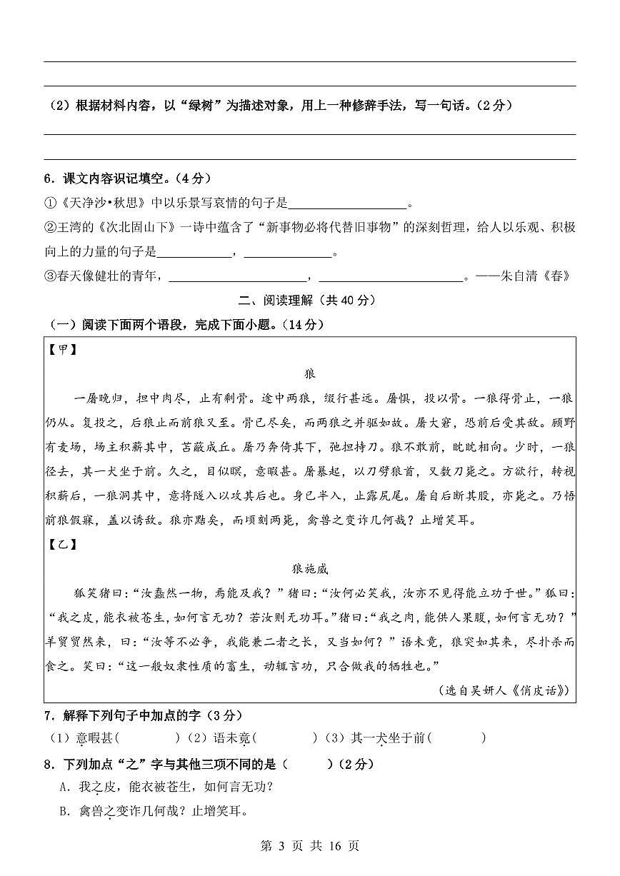 小升初语文分班考检测卷（附答案）第3页