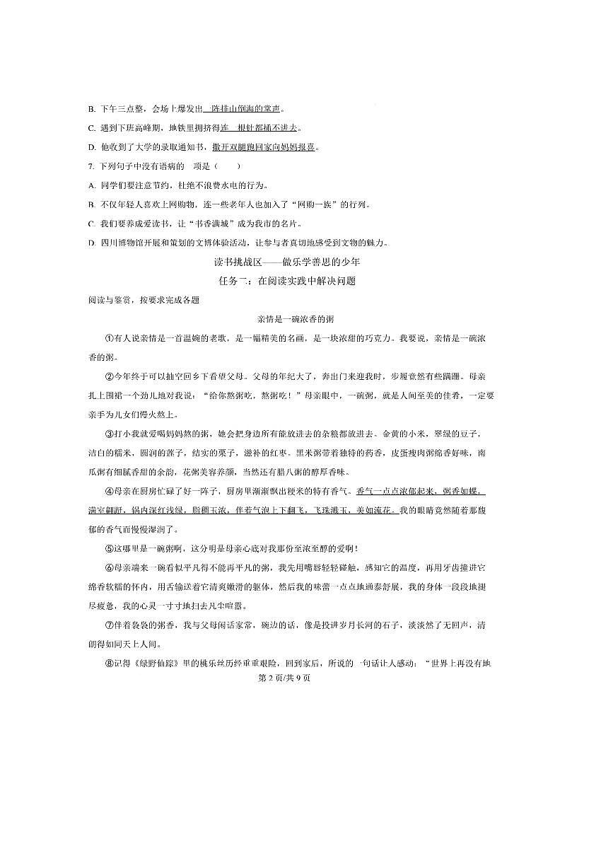 2024～2025学年山东省聊城市阳谷县六年级下册期中语文试卷(含答案)第2页