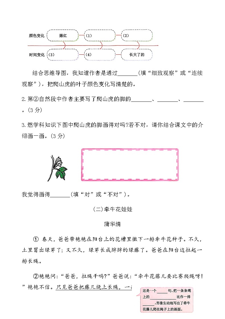 人教版四年级语文上册第三单元课时练习卷(10 爬山虎的脚)（含答案）第3页