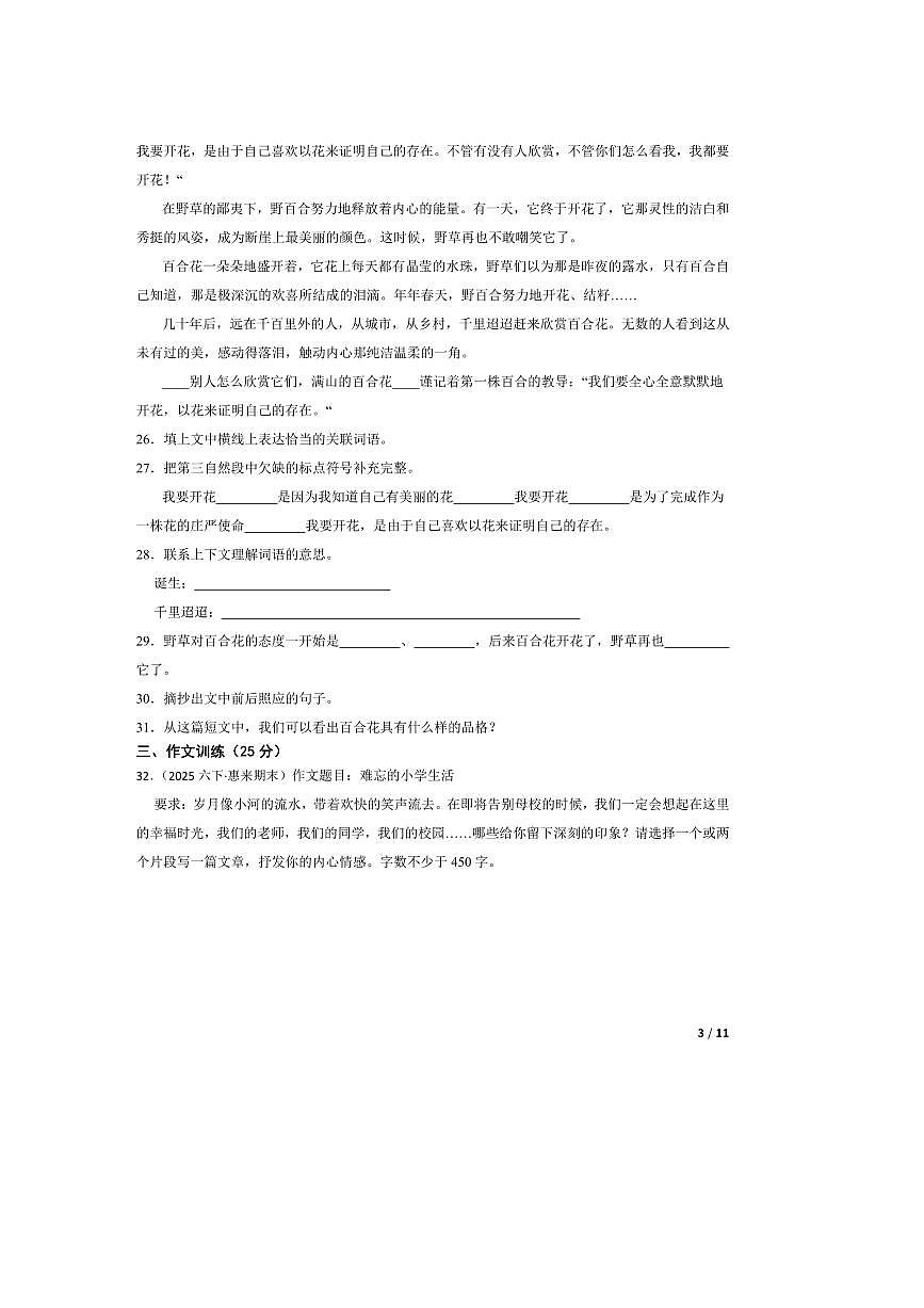 2024～2025学年广东省揭阳市惠来县前詹镇小学六年级下期中语文质量监测试卷第3页