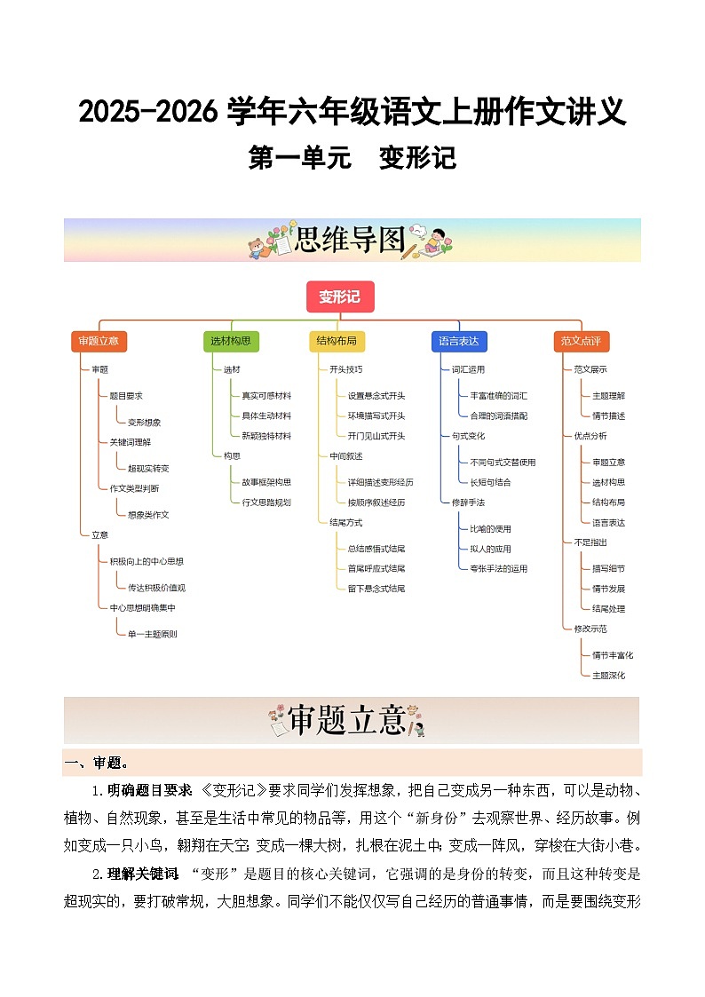 六年级语文上册 第一单元习作《变形记》（讲义）2025-2026学年第一学期 2024统编版第1页