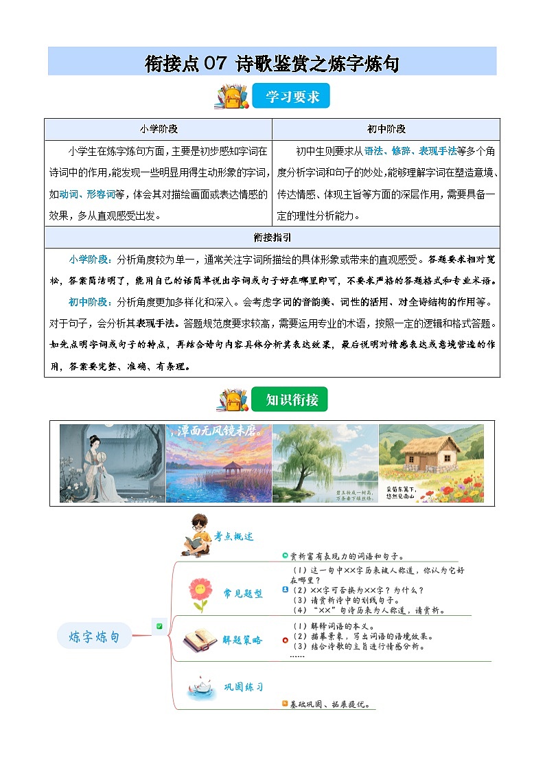 衔接点07 诗歌鉴赏之炼字炼句（原卷版）2025年小升初语文无忧衔接（统编版2024）第1页