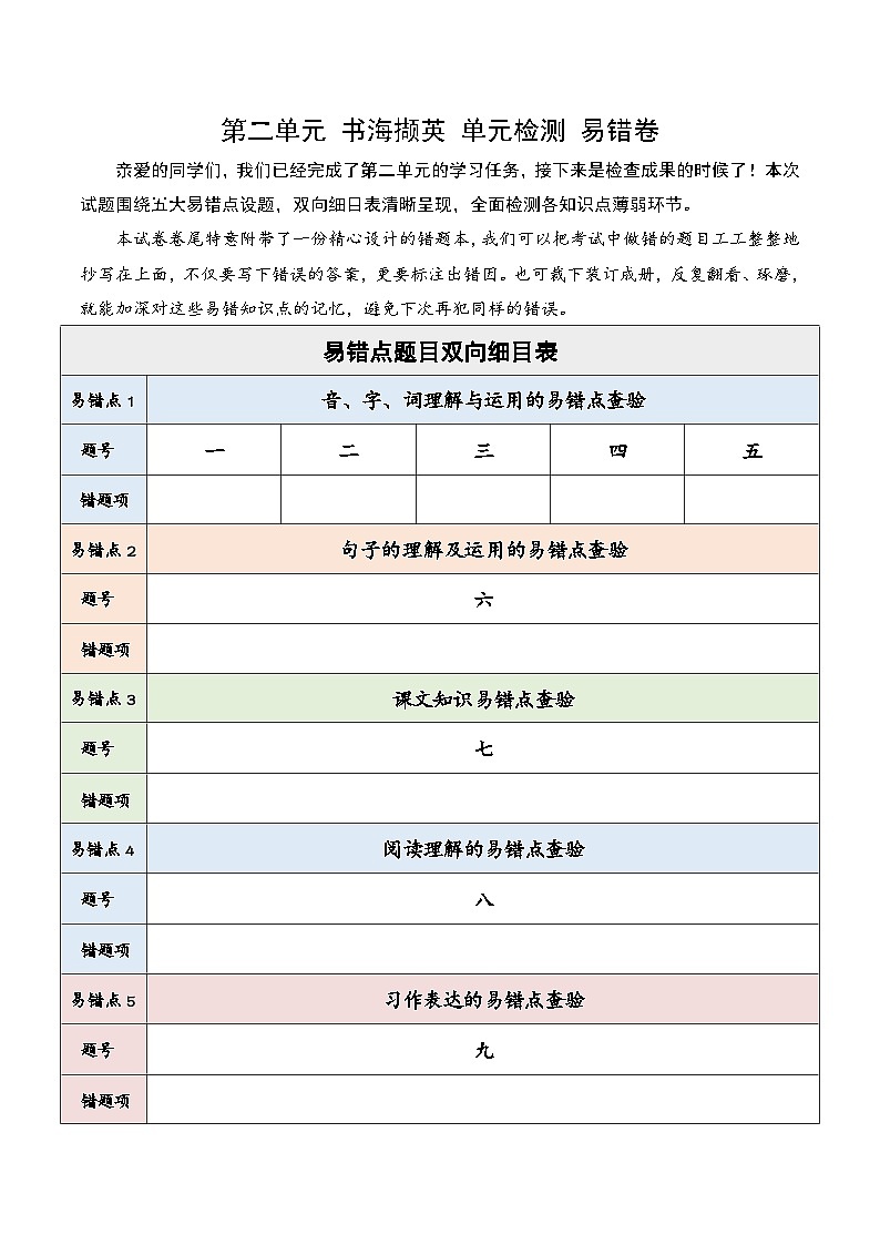 第二单元 书海撷英（易错卷）2025-2026学年 统编版五年级上册语文第1页
