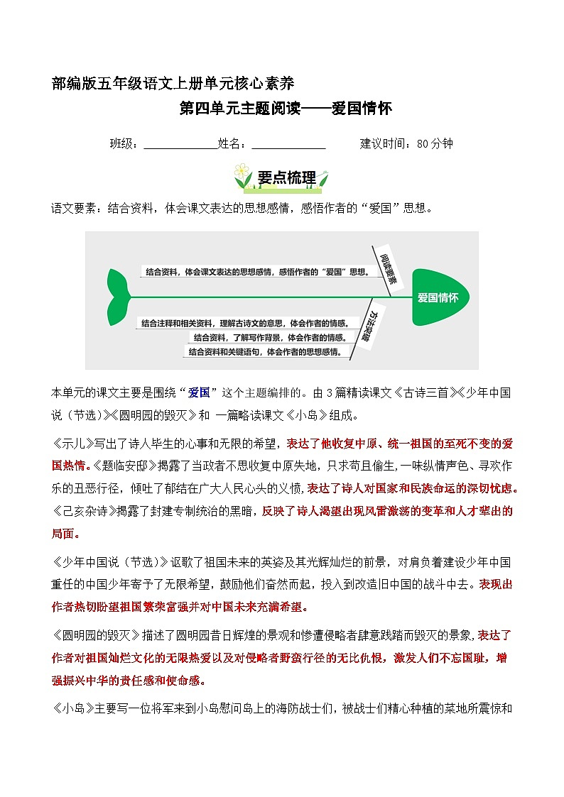 五年级语文上册 第四单元 爱国情怀（要素阅读训练）2025-2026学年上学期（统编版）第1页