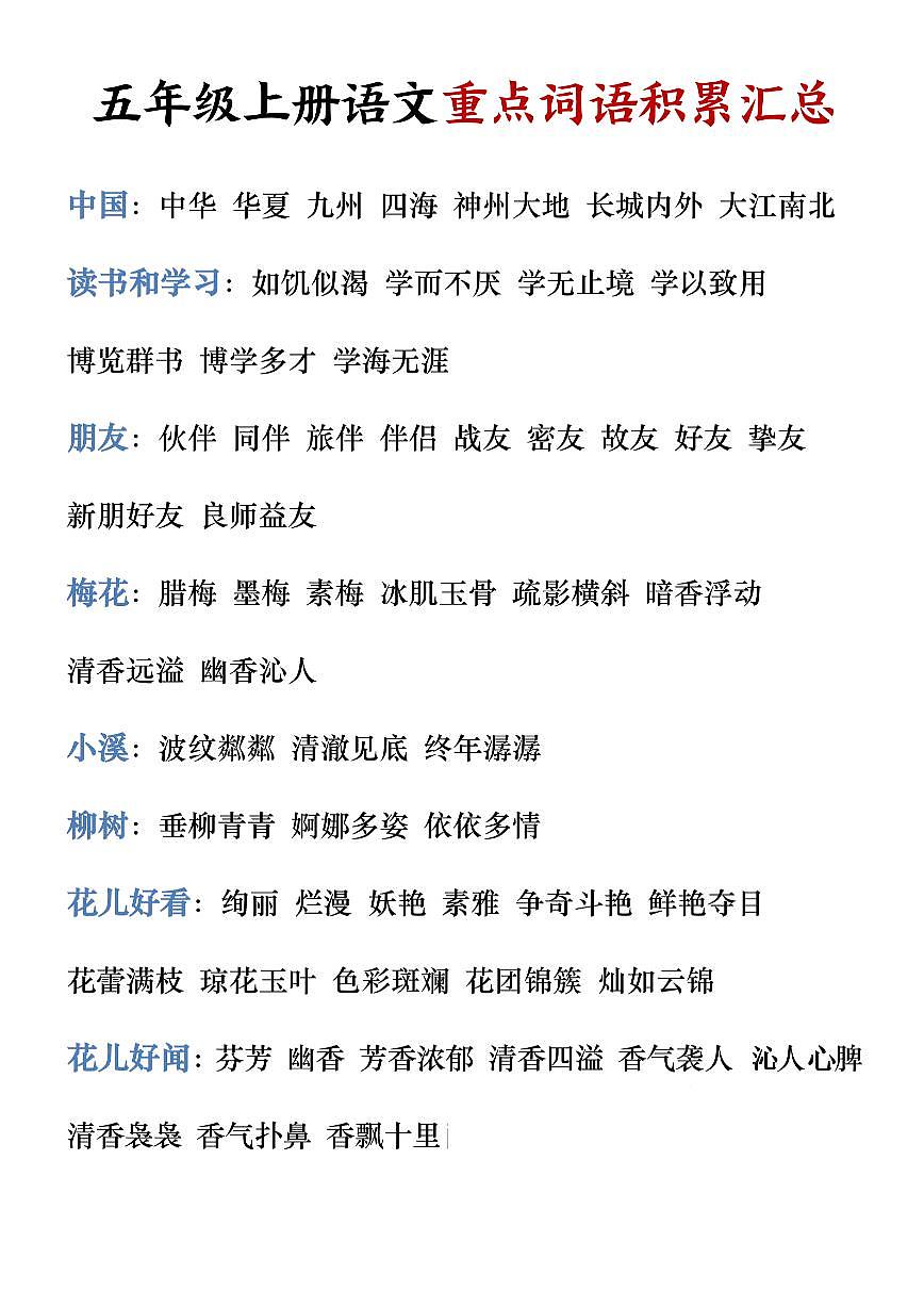 五年级上册语文期末重点词语积累知识点汇总第1页