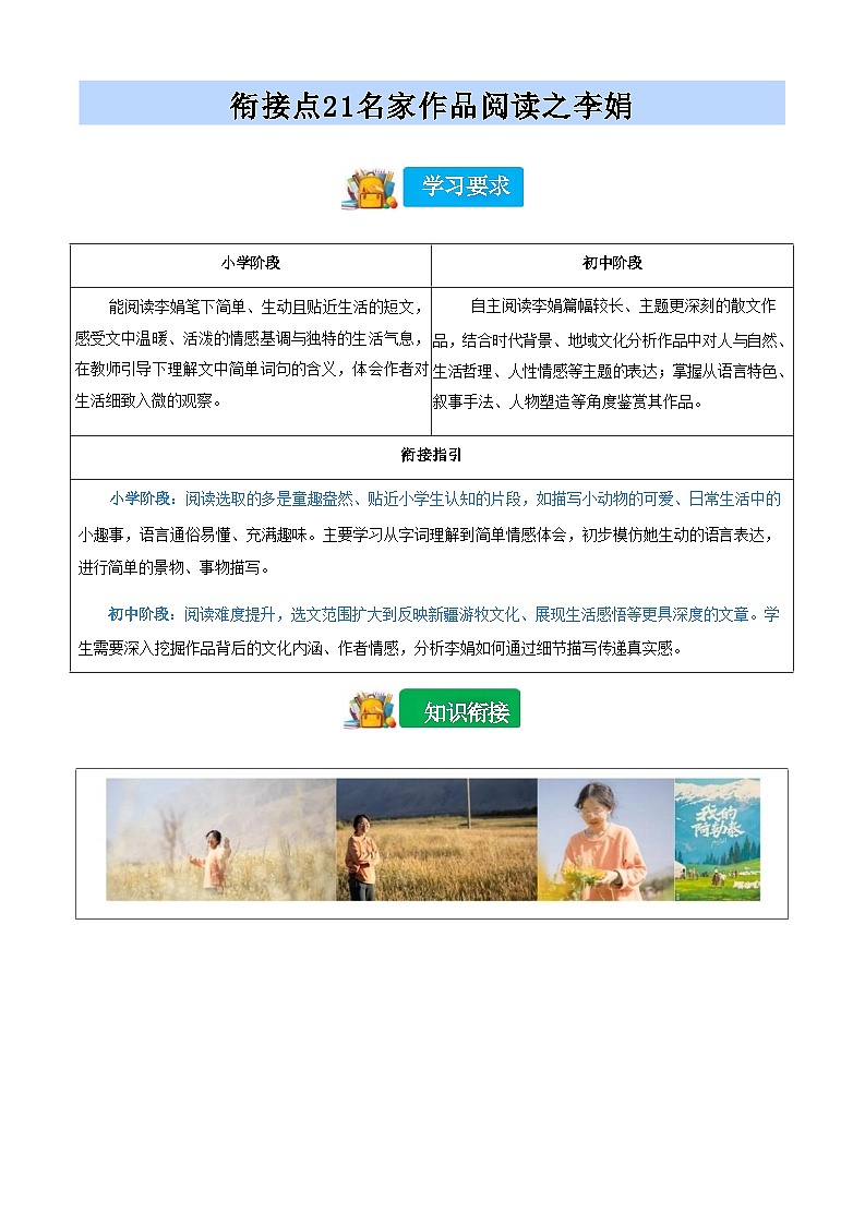 [小升初]2025年统编版：衔接点21：名家作品阅读之李娟：语文衔接过关检测第1页