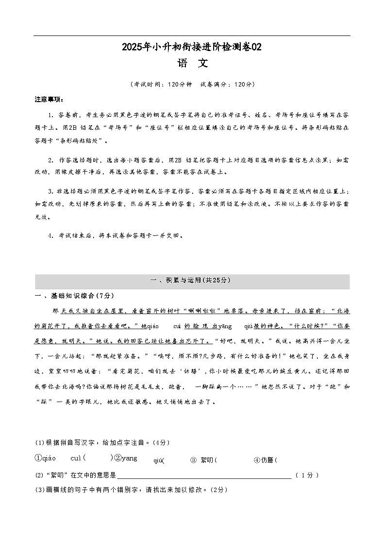 [小升初]2025年统编版：衔接进阶检测卷02：语文衔接过关检测[含解析]第1页