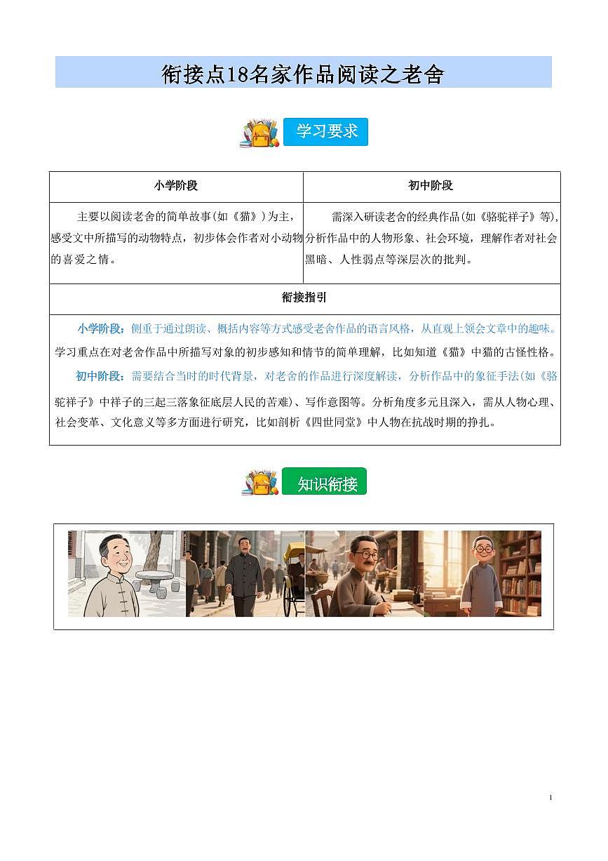 【小升初】统编版2025年 衔接点18 名家作品阅读之老舍 语文衔接过关练习（含解析）第1页