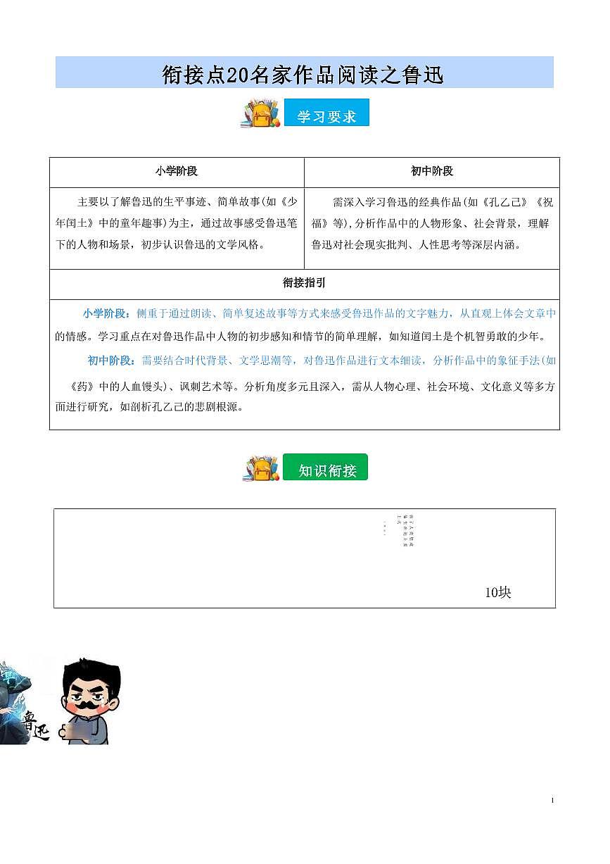 【小升初】统编版2025年 衔接点20 名家作品阅读之鲁迅 语文衔接过关练习（含解析）第1页