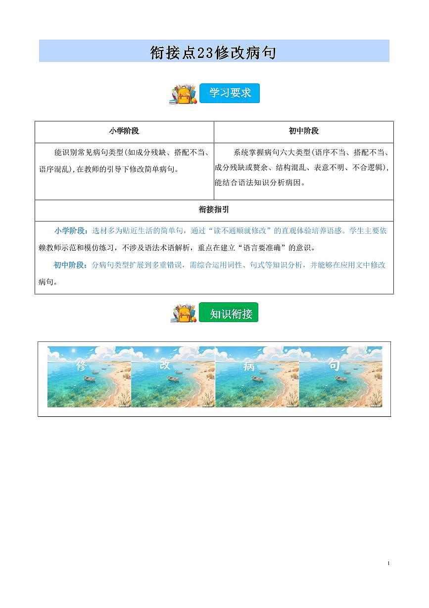 【小升初】统编版2025年 衔接点23 修改病句 语文衔接过关练习第1页