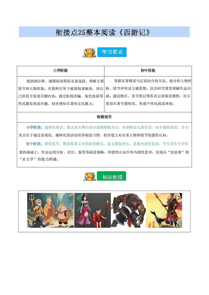 【小升初】统编版2025年 衔接点25 整本阅读《西游记》 语文衔接过关练习（含解析）第1页