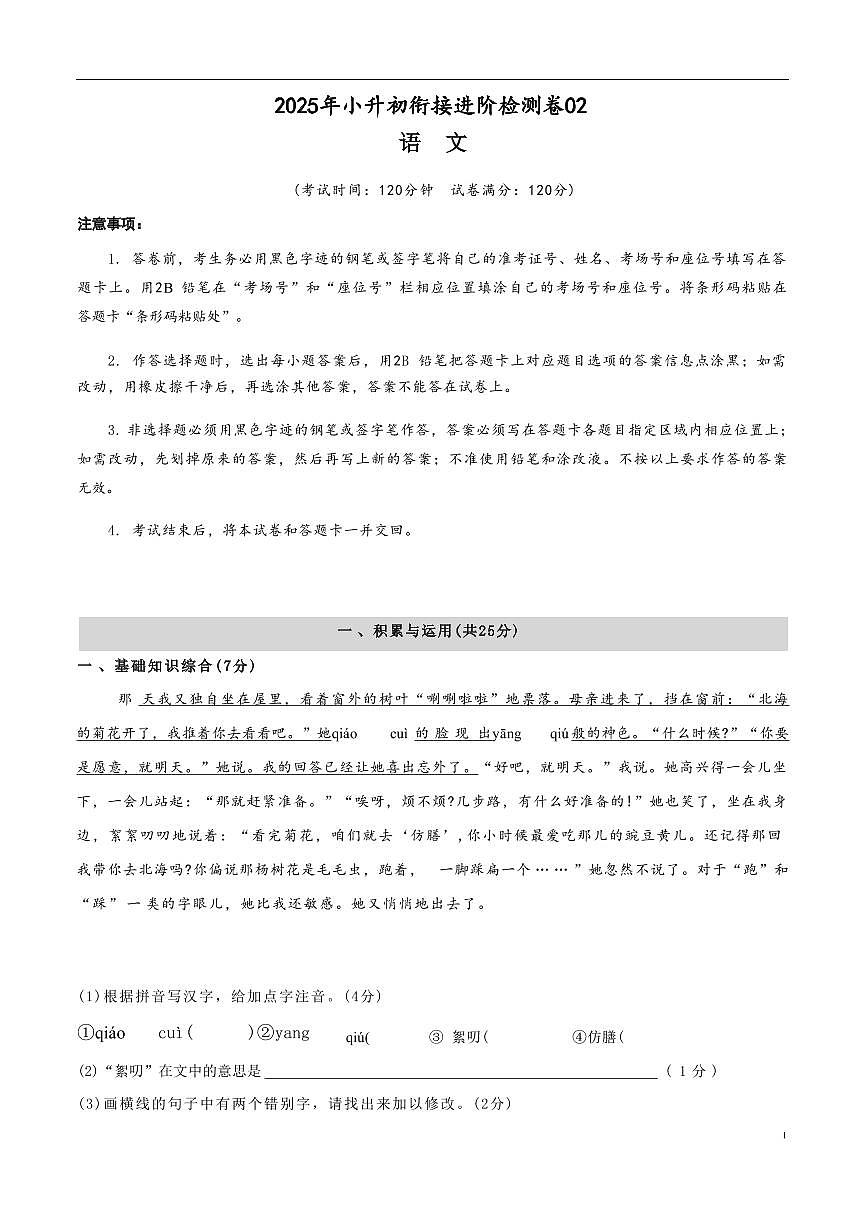 【小升初】统编版2025年 衔接进阶检测卷02 语文衔接过关练习（含解析）第1页