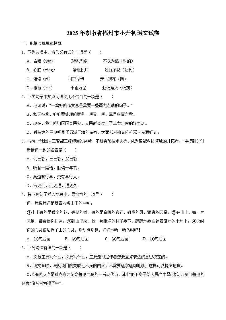 2025年湖南省郴州市小升初语文试卷第1页
