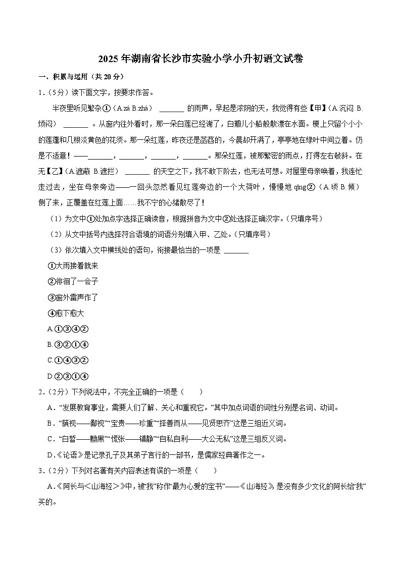 2025年湖南省长沙市实验小学小升初语文试卷第1页