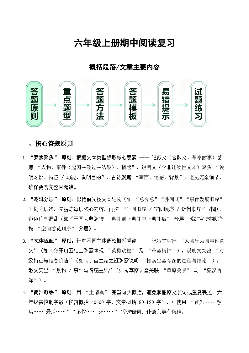 期中阅读专题02 概括段落、文章主要内容（原卷+答案）2025-2026学年 六年级语文上册 统编版第1页