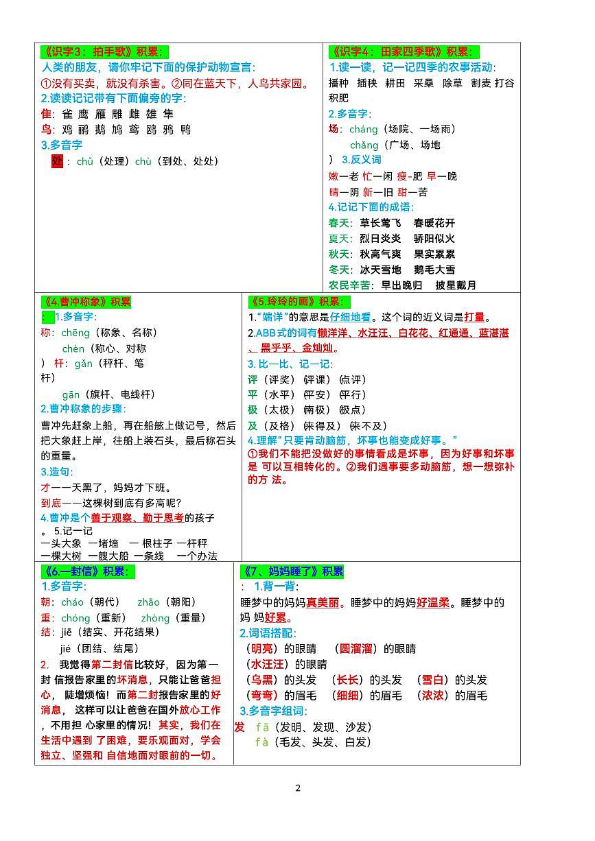 2024版人教版二年级上册语文知识点【课课贴】彩色版第2页