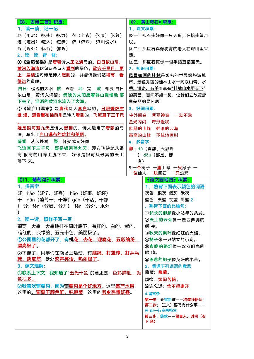 2024版人教版二年级上册语文知识点【课课贴】彩色版第3页