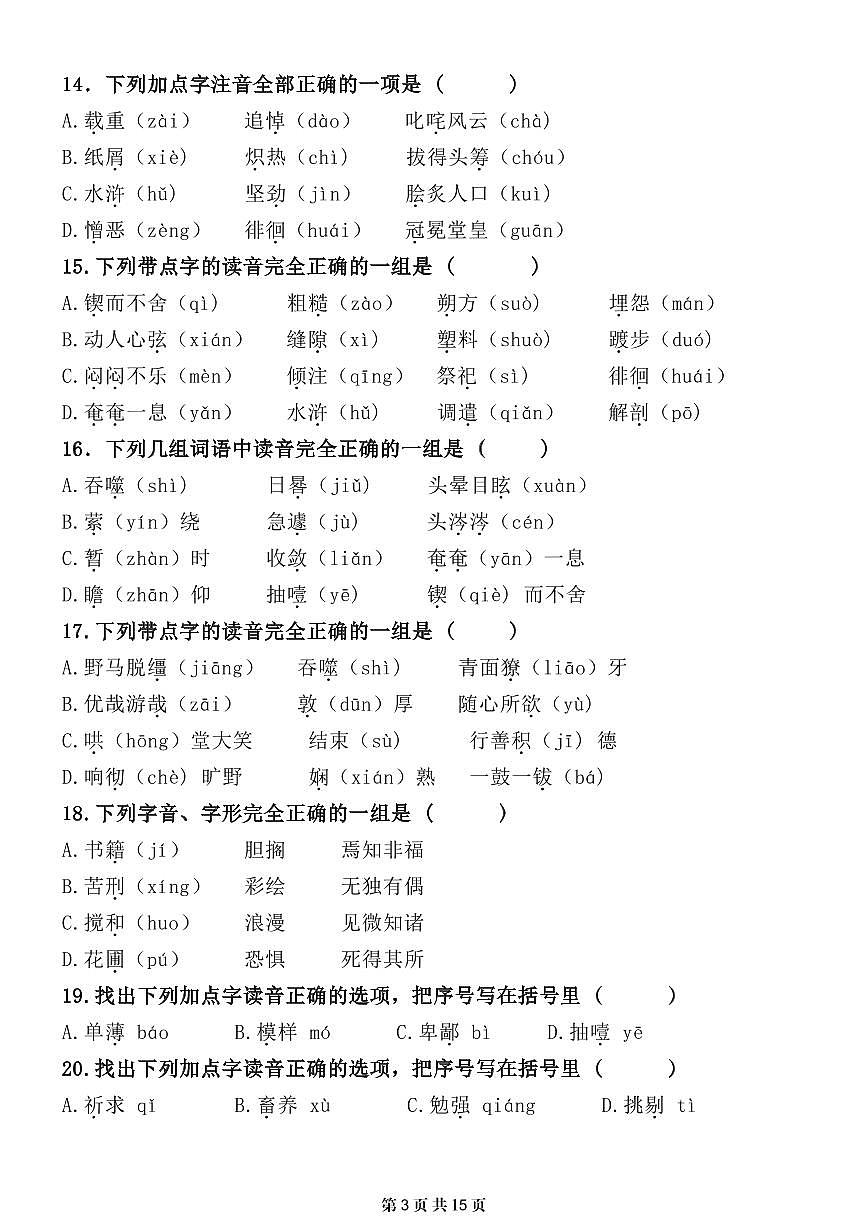 小升初语文专项提分字音专练含答案第3页