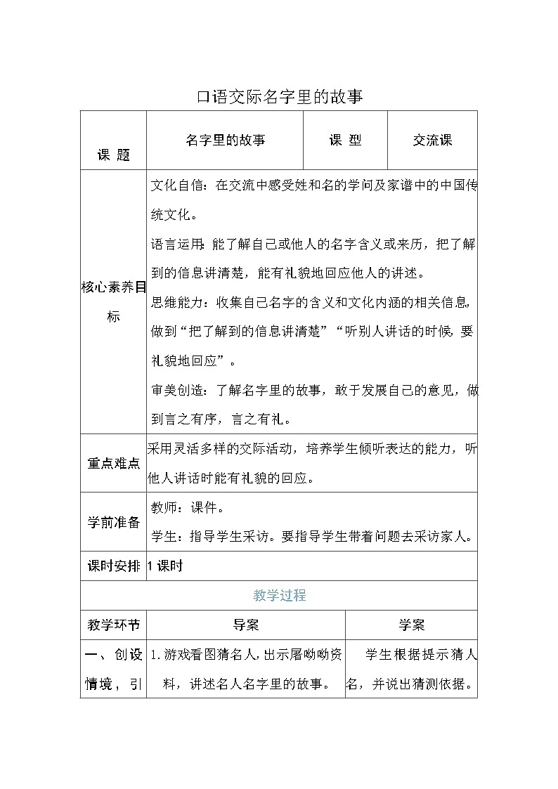 口语交际名字里的故事 教案 （表格式 1课时）统编版语文三年级上册第1页
