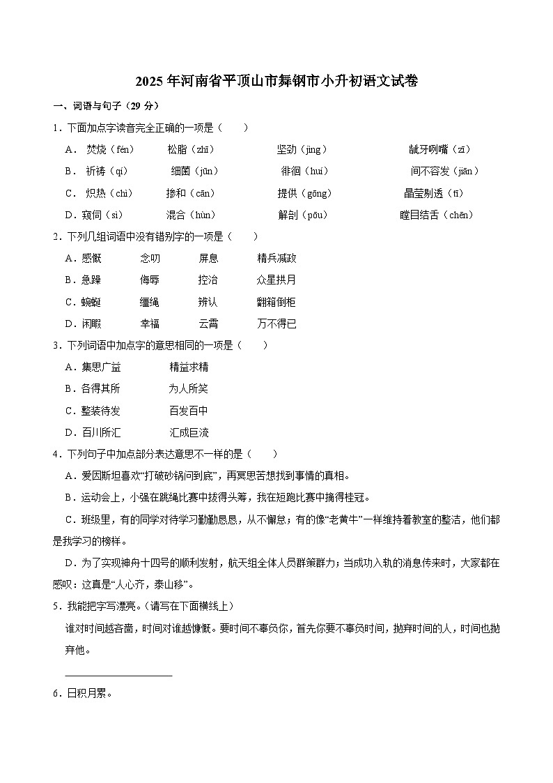 2025年河南省平顶山市舞钢市小升初语文试卷第1页