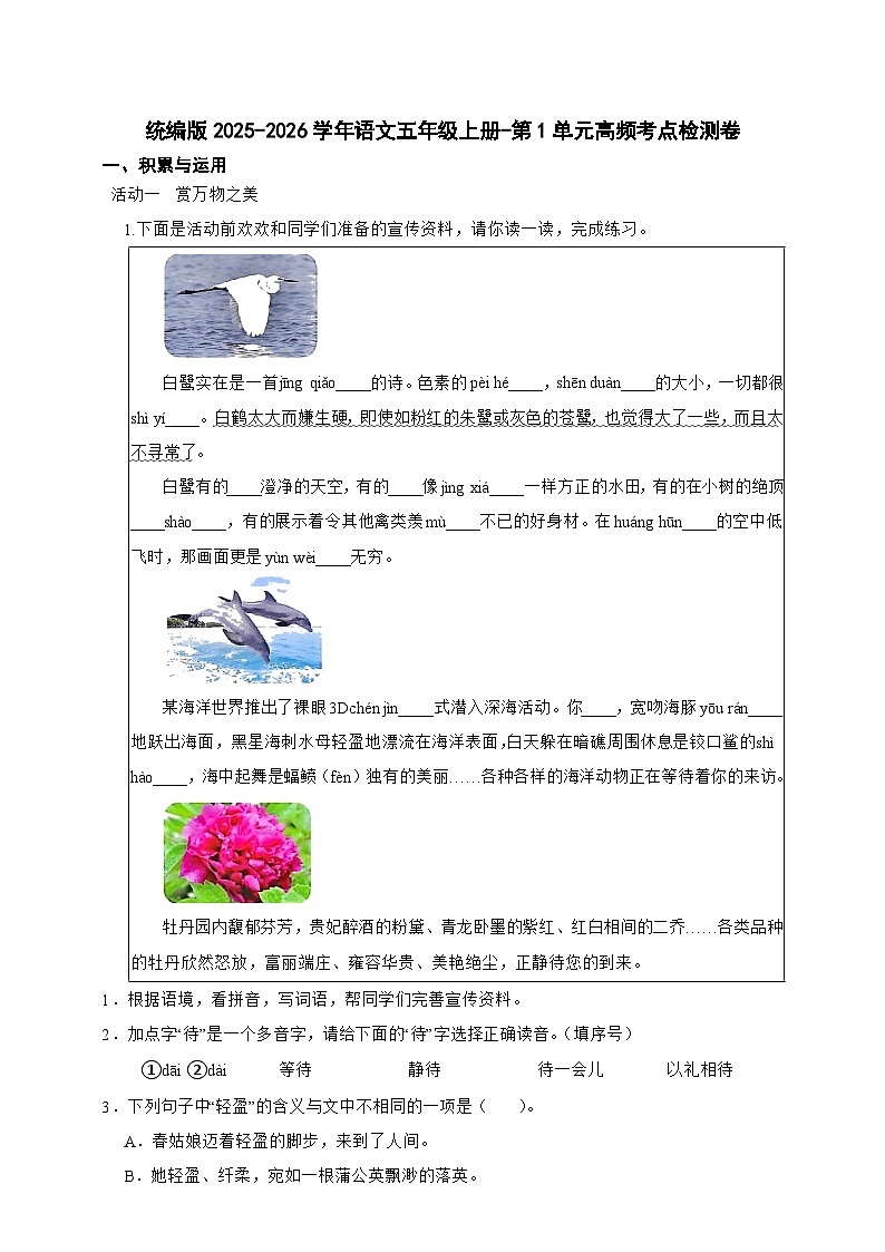 统编版2025-2026学年语文五年级上册-第1单元高频考点检测卷（含答案）第1页