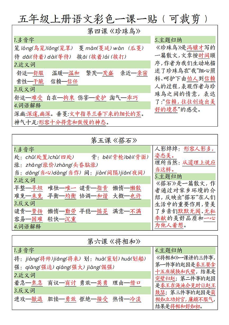 部编版五年级上册语文全册知识点彩色一课一贴第2页