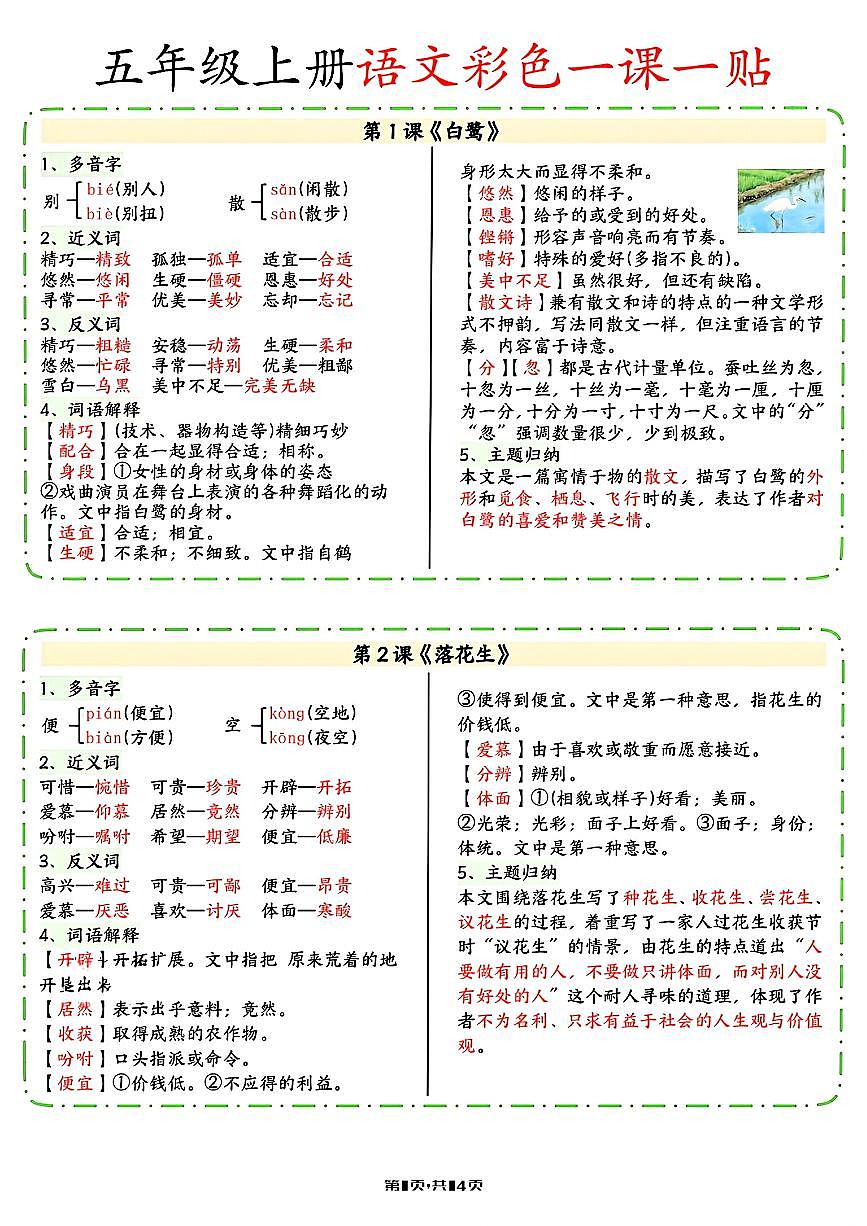 部编版五年级上册语文知识点彩色一课一贴第1页