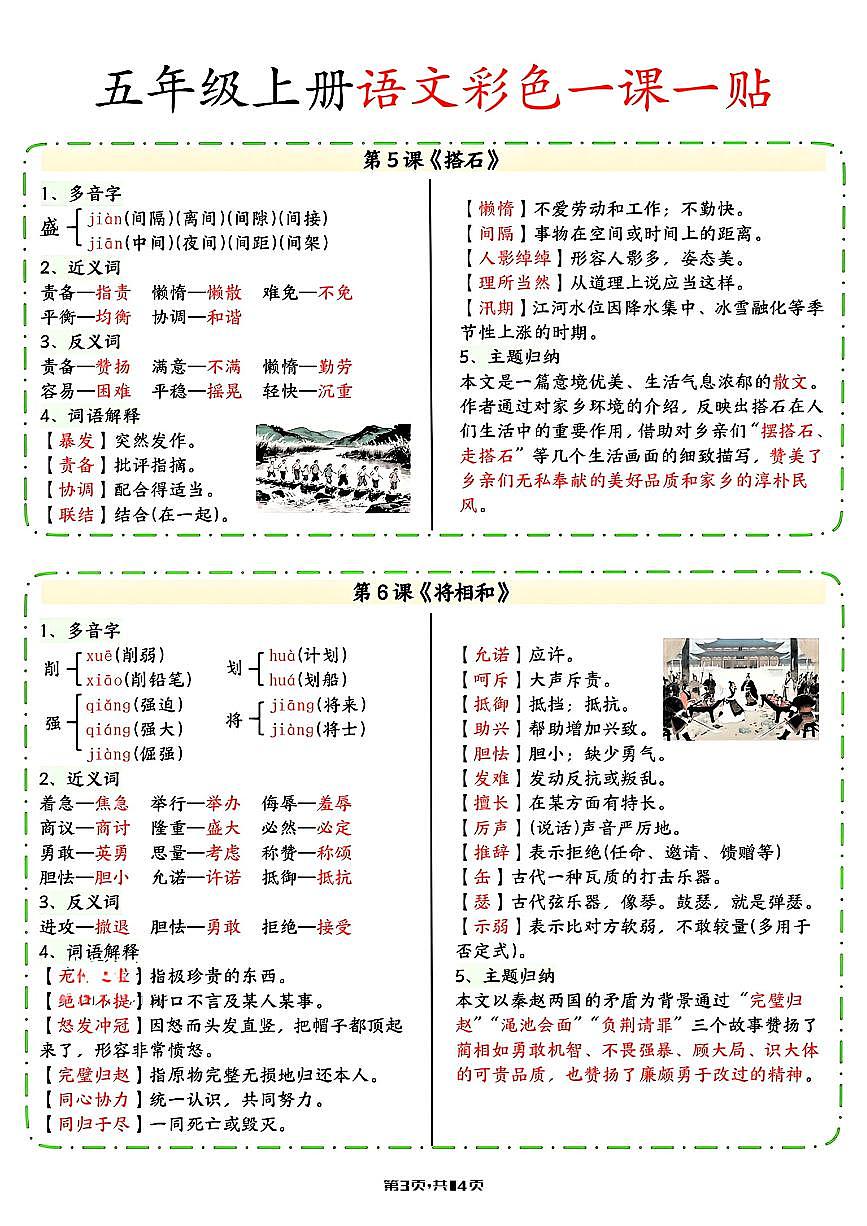 部编版五年级上册语文知识点彩色一课一贴第3页