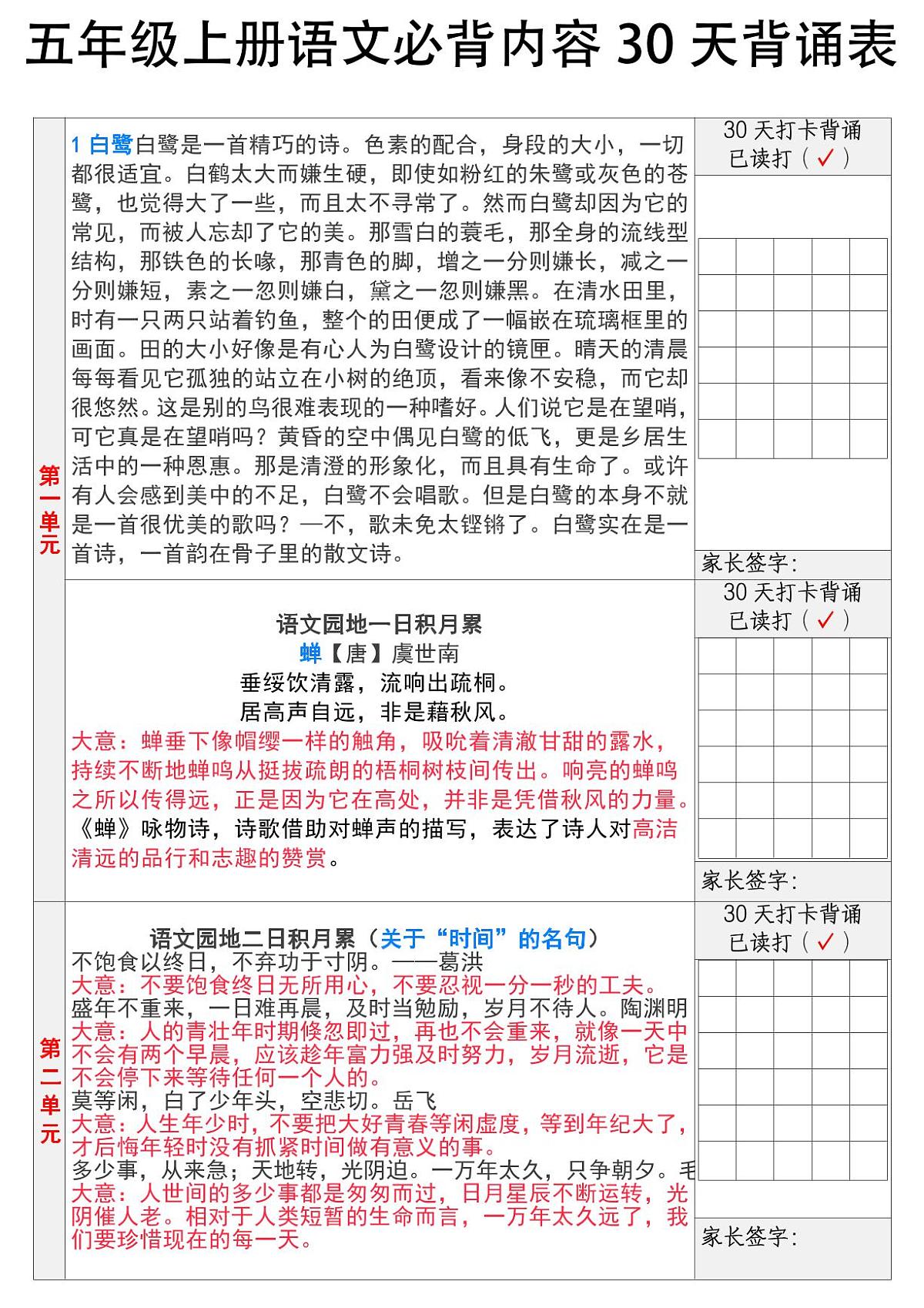 统编版五年级上册语文全册必背知识点内容背诵表第1页