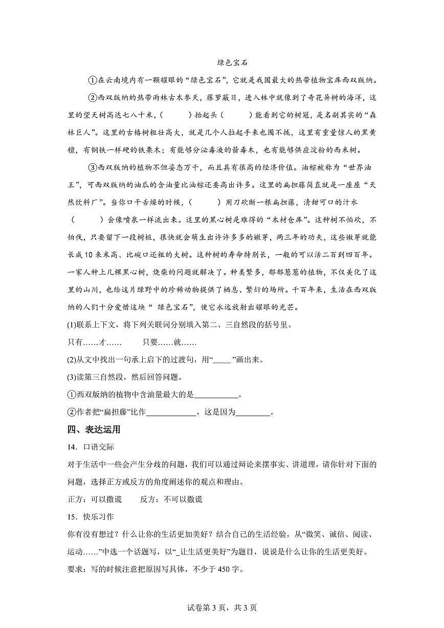 2025~2026学年广东汕头市潮南区某校统编版六年级上学期入学测试语文试卷（附答案）第3页