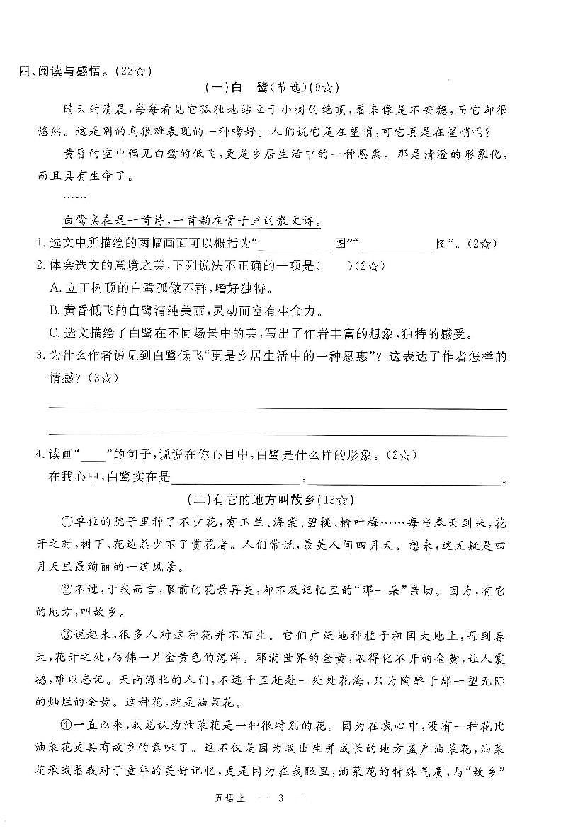 2025年秋五年级上学期语文1-8单元素养评估卷（含答案）第3页