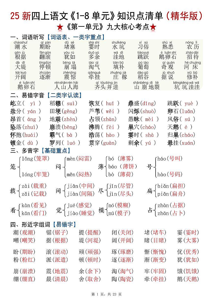 四年级上册统编版语文1-8单元知识点清单（精华版）九大核心考点第1页