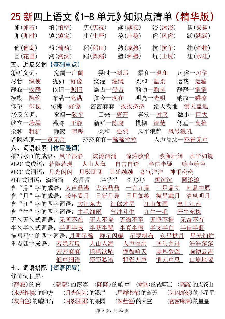 四年级上册统编版语文1-8单元知识点清单（精华版）九大核心考点第2页