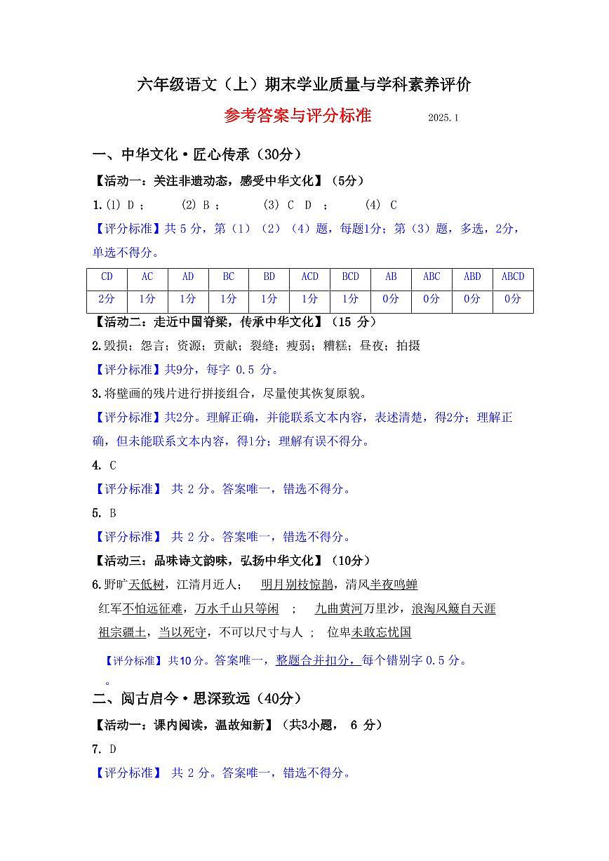 2024-2025学年深圳市罗湖区六年级上册期末语文试卷答案第1页