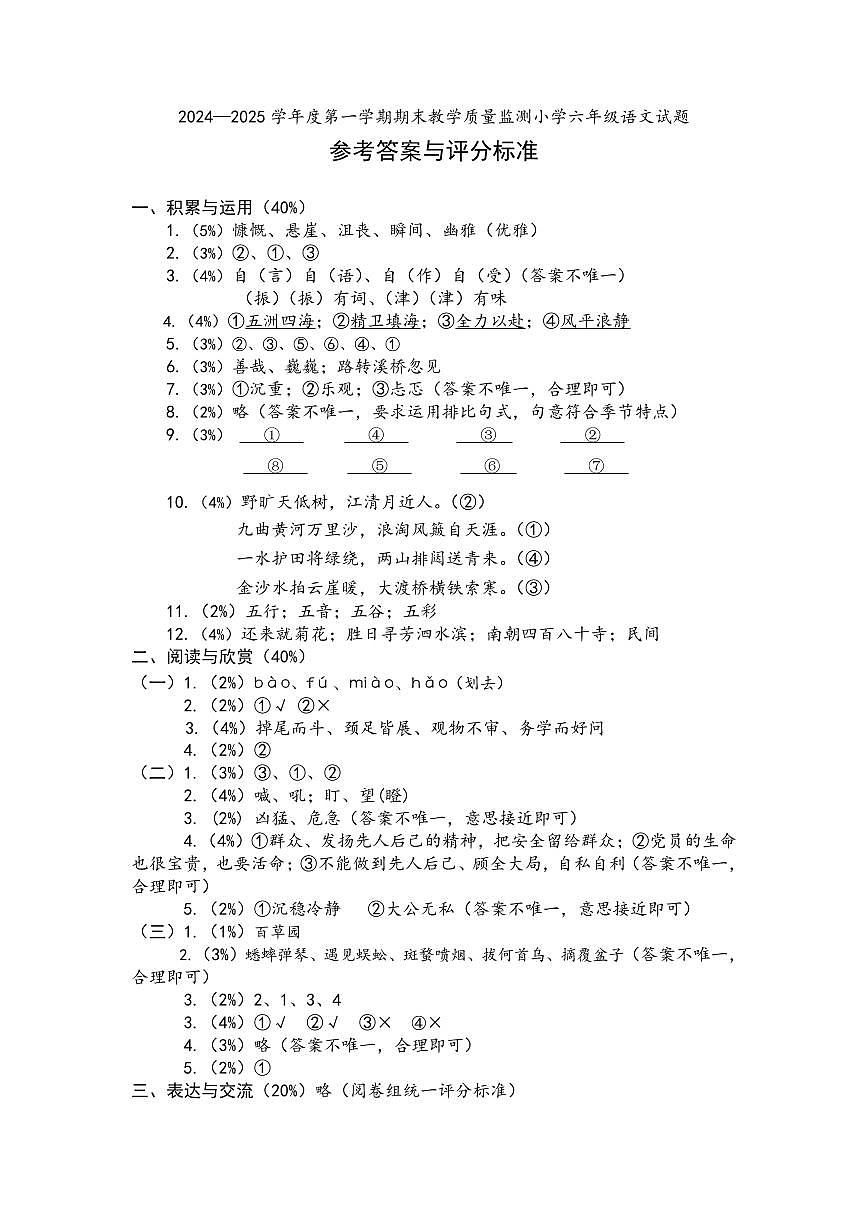 2024-2025学年深圳市南山区六年级上册期末语文试卷答案第1页